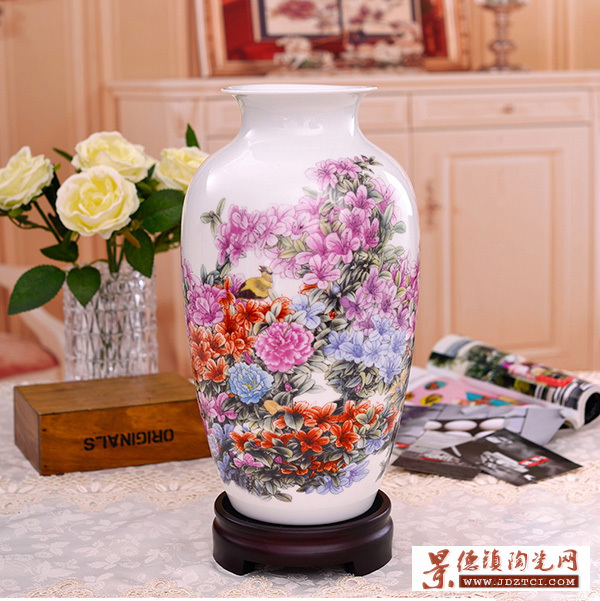 新中式陶瓷花瓶景德鎮(zhèn)工藝品擺件裝飾客廳插花瓶杜鵑花鳥瓷瓶大號